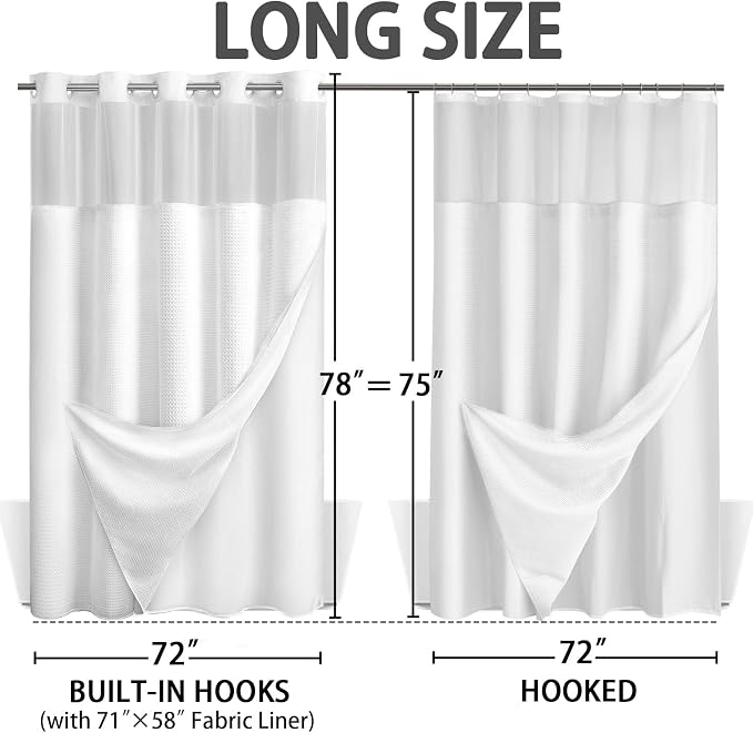No Hook Shower Curtain and Liner Set,White Hotel Waffle Shower Curtain with Liner 78" L x 72" W