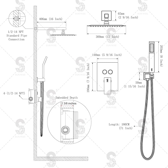 SR SUN RISE Shower System with Push Button Diverter, Wall Mounting Luxury 10 Inch Rain Shower Head with Handheld Spray, High Pressure Shower Faucet Combo Set with Rough-in Valve, Matte Black