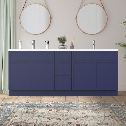 HomeBeyond 90 Inches Bathroom Vanity Base Cabinet Without Sink, Double Sink Top Sturdy Floor Mounted Cabinet with Door & Soft Closing Drawers, Blue, VA4139-2+VA4112-3