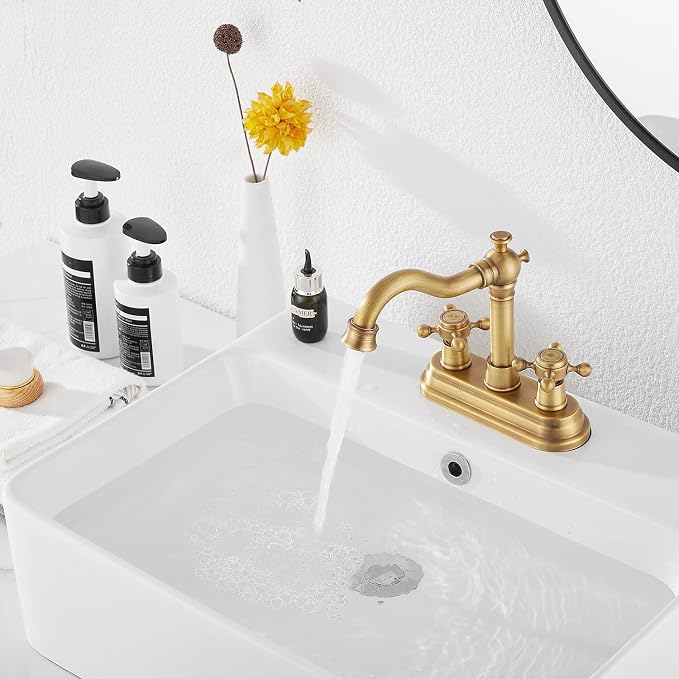 Bathroom Faucet Antique Brass GGStudy 2 Handles 4 Inches Centerset Bathroom Vanity with Drain Assembly and Supply Hose Lavatory Faucet Mixer Double Handle Tap