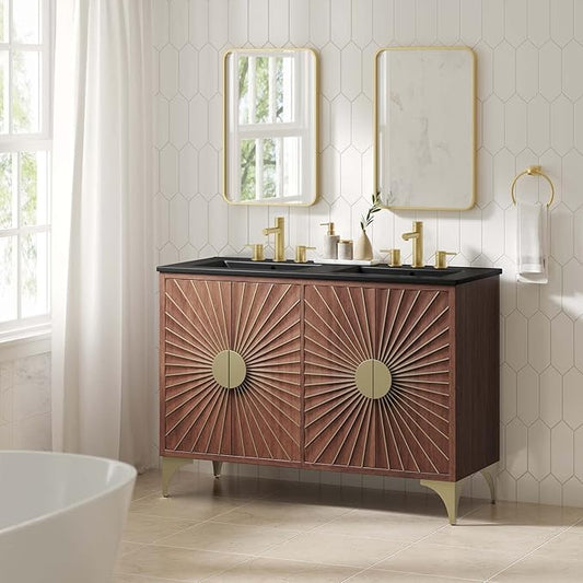 Modway Daylight Bathroom Vanity Cabinet with Ceramic Basin, 48" Double Sink, Black Walnut