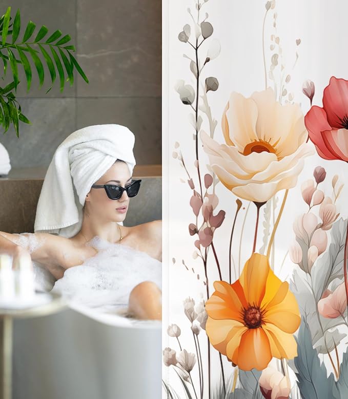 Shower Curtain for Bathroom Stall Modern Cute Aesthetic Washable Decorative Girly Waterproof Unique Wildflower Elegant Girls Chic Print Design Teen Women Cortinas de Baño Bathtub 72 x72 Inch