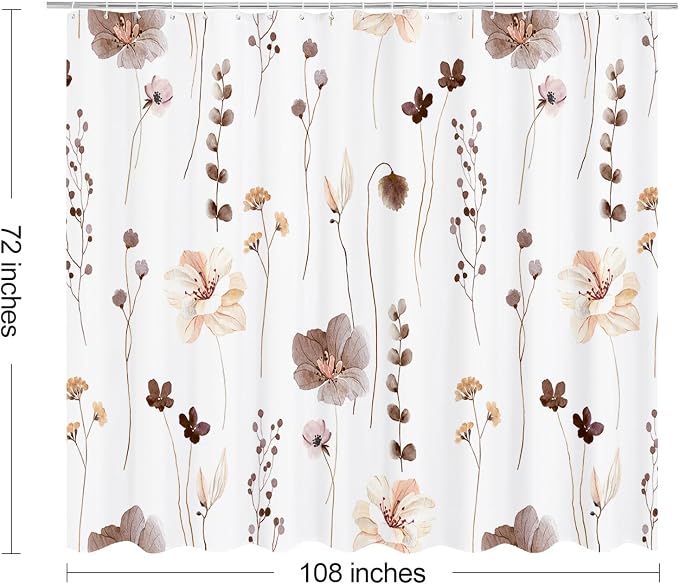 Brown Beige Watercolor Floral Fabric Shower Curtain, 108x72 | Waterproof Fabric, Modern Minimalist Floral Print, Machine Washable, Rustproof Grommets, for Bathroom Home, Extra Wide