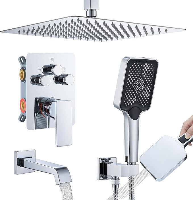 Bathtub Shower Faucet Set with Pressure Balance Valve, 12" Ceiling Mount Shower System with Tub Spout Multi-function Handheld Head Pressure Balancing Push Button Diverter Shower Trim Kit,Chrome