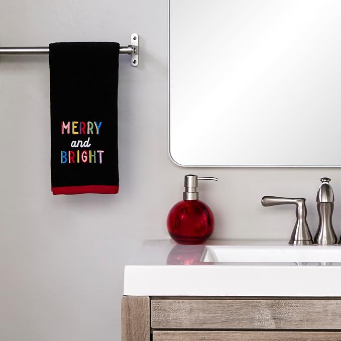 SKL Home Christmas Rainbow Merry Hand Towel Set-2pc, 100% Cotton, Black | Soft, embroidered velour. Great for the bathroom, kitchen or bar & holiday gifting.
