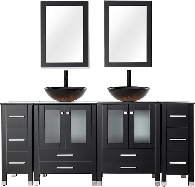 LUCKWIND 72" Bathroom Vanity Sink Combo, Double 24" Main Cabniets with Two 12.6" Side Cabinets, Painted Bathroom Storage Cabinet, Including Black Bowl Sinks, Faucets Without Mirror, Black