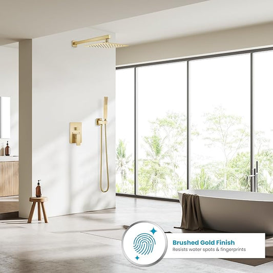 gotonovo Shower Faucet Set with Handheld Spray Brushed Gold,10'' Head | SUS304 Rainfall Shower Head and Handle Set System Fixture,Pressure Balance Valve Trim Kit,Single Handle,Wall Mount,All Metal