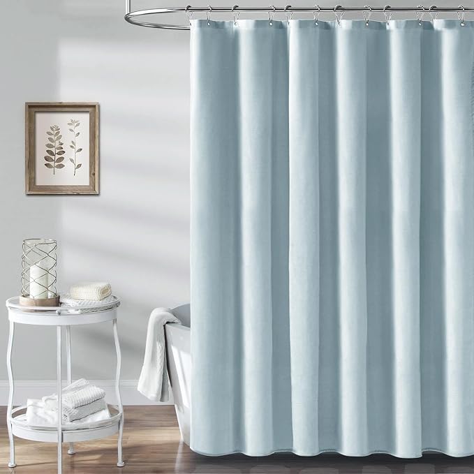 72x78 Linen Textured Waterproof Fabric Shower Curtain Set, Fog Blue | Long Size, 230GSM Polyester, Heavy Duty Cloth, Weighted Hem, 12 Plastic Hooks, Modern Luxury Hotel Style, Machine Washable