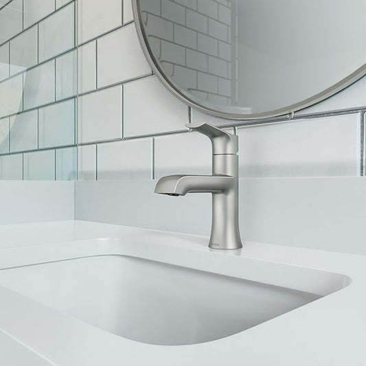 Moen LISO Spot Resist Brushed Nickel One-Handle Bathroom Faucet, One Hole Bathroom Sink Faucet with Optional Deck Plate and Push Down Drain, 84540SRN
