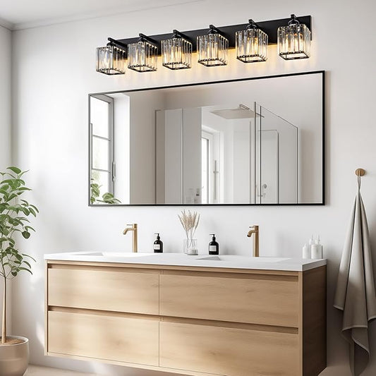 Modern Black Crystal Bathroom Vanity Light for Bathroom 6 Light Vanity Lighting Fixtures Over Mirror Wall Sconce