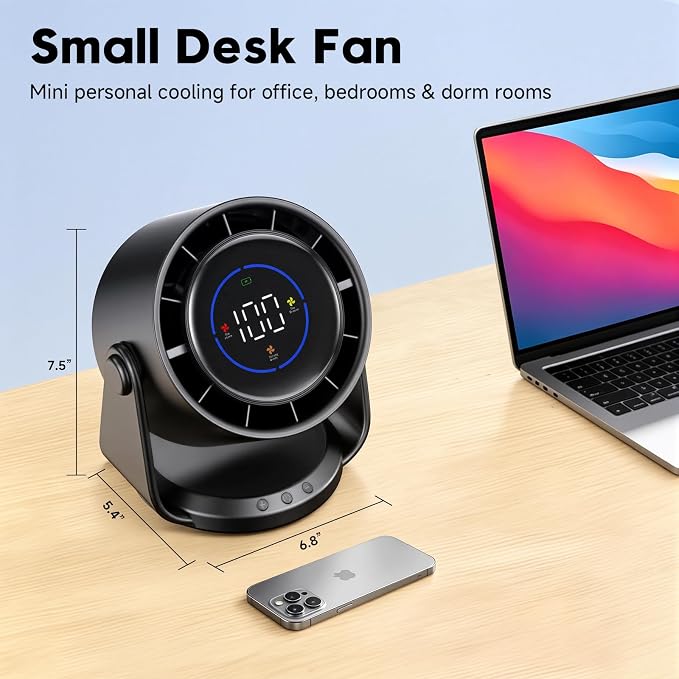 YOSHENMO Desk Fan, Turbo Table Fan for Bedroom, 100-Speed Digital Display, Low Noise, 105° Adjustable Tilt, 7.5-inch, Rechargeable Battery, Wall-Mouted Design for Home, Office, Travel Dark Black