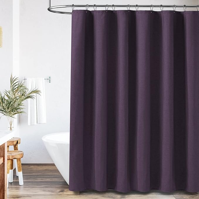 72x78 Linen Textured Waterproof Thcik Fabric Shower Curtain, Purple | Long Size, 230GSM Polyester, Heavy Duty Cloth, Weighted Hem, 12 Plastic Hooks, Modern Luxury Hotel Style, Machine Washable