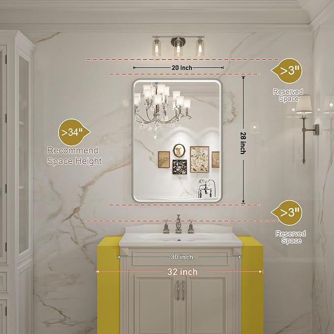 LED Bathroom Mirror, 20x28 Inch, Brushed Silver Framed | ETL Listed Anti-Fog,Dimmable,Horizontal & Vertical,Wall Mounted,Memory Function,Ideal for Bathroom,Vanity