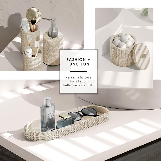 Clara Clark Bathroom Set - Beige Bathroom Accessories Set, 19PC Bathroom Accessory Set, Bathroom Sets with Shower Curtain Set, Soap Dispenser & Toothbrush Holder