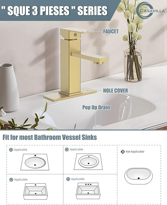 Bathroom Faucet, Brushed Gold Bathroom Sink Faucets & Parts(Pop-up Drain+6" Escutcheon Plate+Supply Hoses), Vanity Faucet for Vessel Sink, llaves para lavamanos de baño