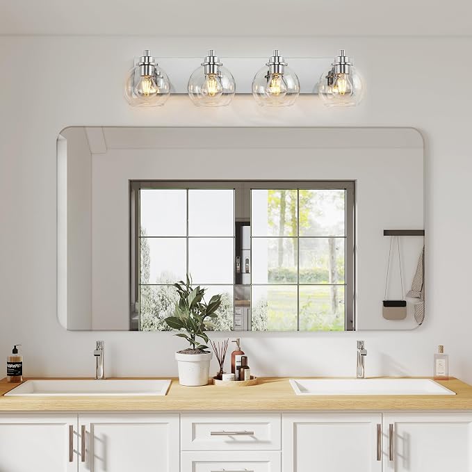 4 Light Bathroom Light Fixtures-Chrome Bathroom Vanity Lights, Modern Vanity Lights 4-Light Bathroom Lighting Fixtures Over Mirror with Clear Glass Globe Shade