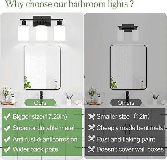 MOKATNG 3-Light Bathroom Light Fixtures, Vanity Light with Milky White Shades, Matte Black Bathroom Light Fixtures Over Mirror, Modern Bathroom Wall Lamp for Mirror Living Room Cabinet Bedroom