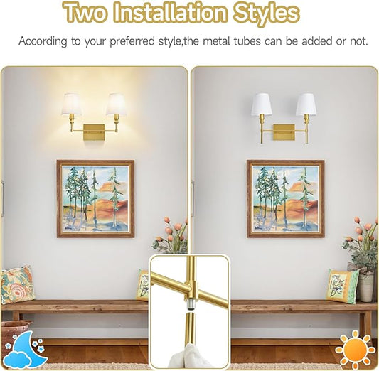 Bathroom Light Fixtures Over Mirror,Brush Brass Vintage Wall Sconces, 2-Light Bathroom Vanity Light With Flared White Fabric Lampshade For Bedroom,Living Room,Hallway,Foyer,Hardwired, E12 Base