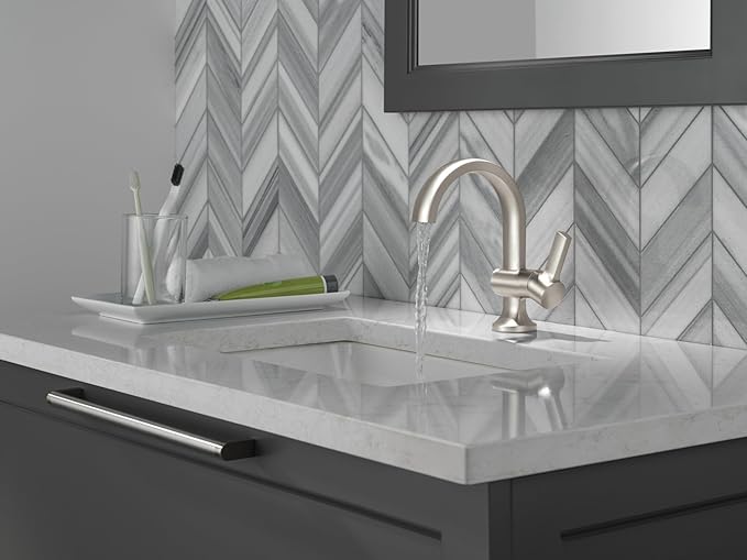 Delta Albion Brushed Nickel Bathroom Faucet 1 Hole, Single Hole Bathroom Sink Faucet for Vanity, Metal Push-Pop Drain Assembly, SpotShield Brushed Nickel 15855LF-SP