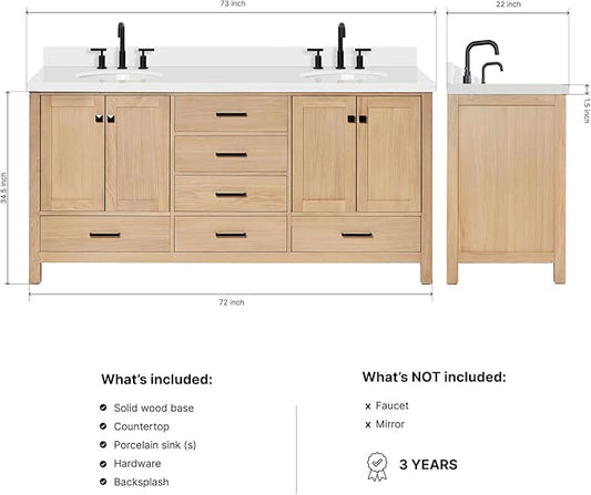 ARIEL Cambridge 72-inch Bathroom Vanity with Sink,Solid Wood, 1.5-inch Pure White Quartz Countertop & Backsplash, Double Oval Porcelain Sink, 4 Soft Closing Doors, 6 Dovetail Drawers, White Oak
