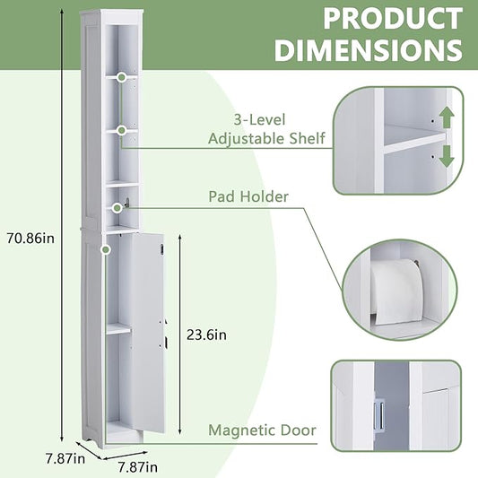 VECELO Narrow Bathroom Storage Cabinet with 3 Adjustable Shelves, 71" Tall Freestanding Cabinet with Toilet Paper Holder, Slim Tower Cabinet with Magnetic Door, for Small Spaces, White