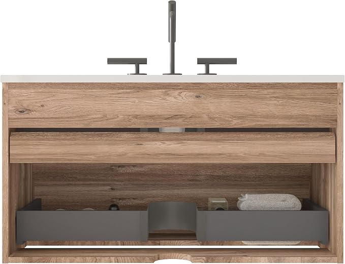 36" Floating Bathroom Vanity with Sink, Modern Wall Mounted Floating Vanity with Ceramic Sink, Double Soft-Close Drawers for Apartment, Hotel, Rough Oak