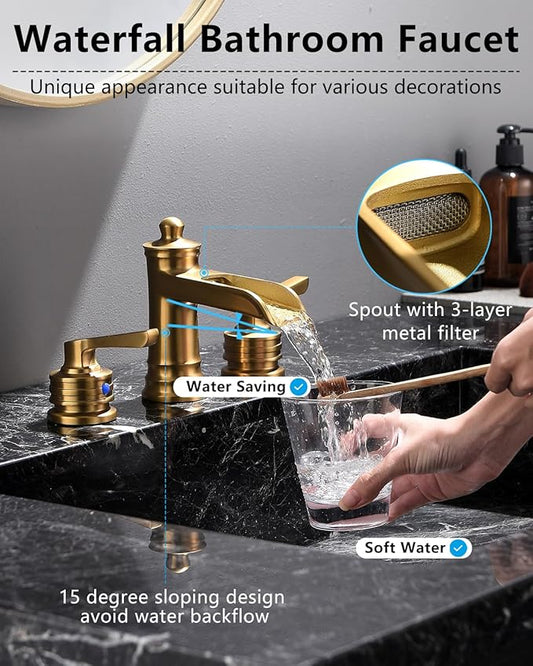 Fapully Brushed Gold Bathroom Sink Faucet, Waterfall Bathroom Faucets 3 Hole, 8 Inch Widespread Bathroom Faucet with Pop-up Drain, 2-Handle Faucet for Bathroom Sink Vanity RV