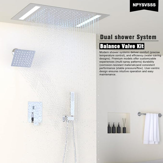 Rain Shower Head System with 14x20 Inch Ceiling Mount LED Head & 6 Inch Wall Head and Handheld Shower 3 Way Pressure Balance Valve Kit,Polished Chrome