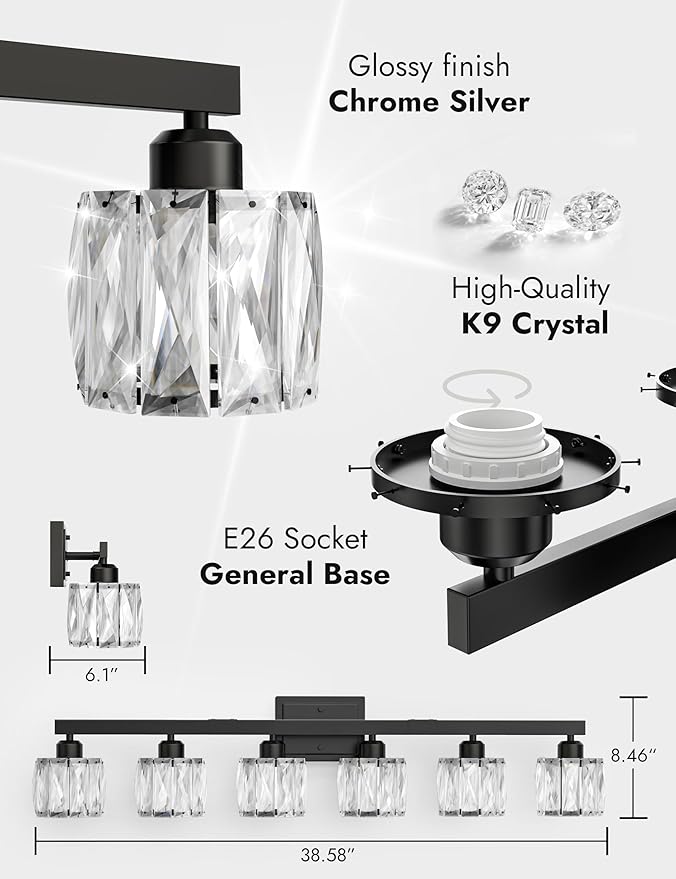 VOLISUN Crystal Vanity Lights for Bathroom, 6 Light Bathroom Vanity Light, Modern Matte Black Bathrooms Light Over Mirror, Black Bathrooms Lights Fixtures-UL Certificated(Exclude Bulb)