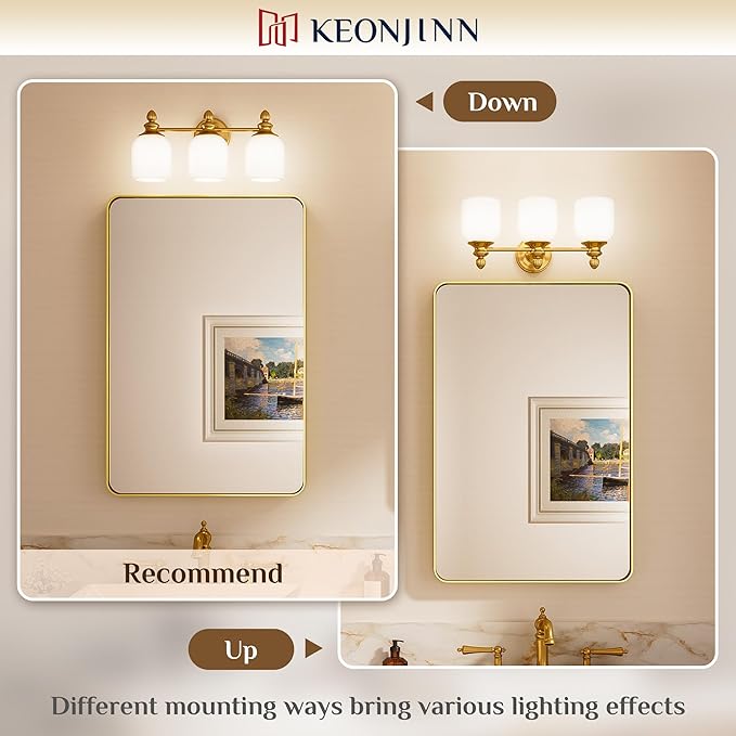 Keonjinn Gold Bathroom Light Fixtures, 4-Light Vintage Vanity Lights for Mirror with Frosted Glass Shades, UL Listed E26 Base(Bulbs Not Included), Reversible Vanity Lighting Fixtures for Bathroom