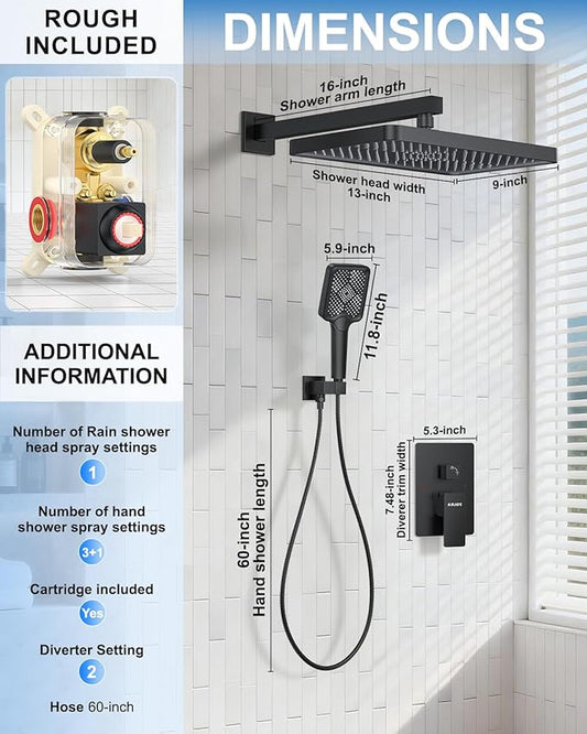 Matte Black 13-Inch Rainfall Shower System - Premium Shower Head & Handheld Sprayer, Complete Bathroom Set with Faucet Mixer Trim Kit & Valve