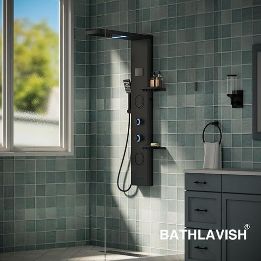 5 in 1 Black Shower Panel Tower System With Storage Shelf, 304 Stainless Steel Shower Tower with Rainfall Shower Handheld and Tub Spout, Powerful Body Jets, Wall-Mounted Shower Set