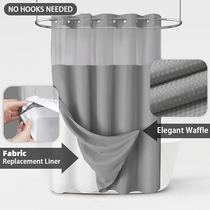 No Hook Shower Curtain with Liner Set Hotel Waffle Curtain Grey 72W X 75L | Washable Snap in Fabric Liner, Mesh Top Window, Waffle Hotel Style Shower Curtain Set