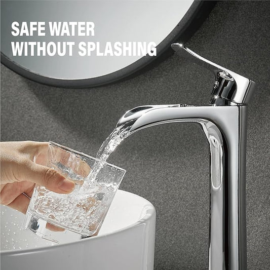 Chrome Vessel Sink Faucet,YUNDOOM Tall Waterfall Single Hole Single Handle Bowl Sink Faucet with Pop Up Drain