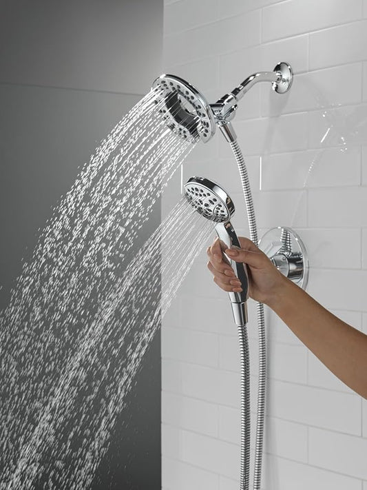 Delta Faucet Albion 14 Series Single-Handle Shower Faucet, Chrome Shower Trim Kit with 4-Setting In2ition 2-in-1 Dual Hand Held Shower Head with Hose, Chrome T142855-I (Valve Not Included)