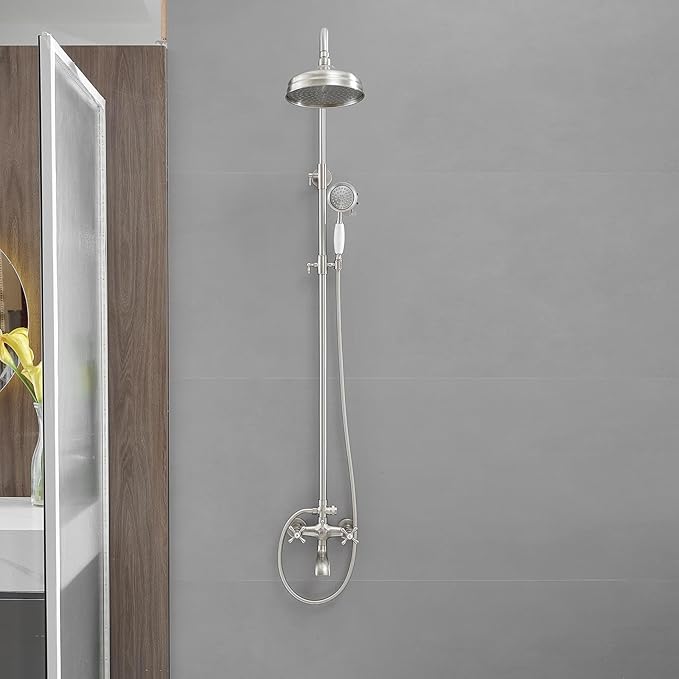 BWE Exposed Bathroom Shower Faucet Set Brushed Nickel Bathroom Shower Faucet Triple Functions 8 Inch Rainfall Shower Head Handheld Spray with Tub Spout Exposed Shower System Double Handle
