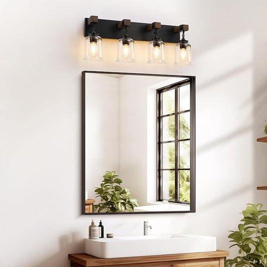 Farmhouse Bathroom Vanity Light, 4 Light Black Bathroom Vanity Light Fixtures Over Mirror, Rustic Wall Lighting with Clear Glass Shades for Living Room, Bedroom, Hallway