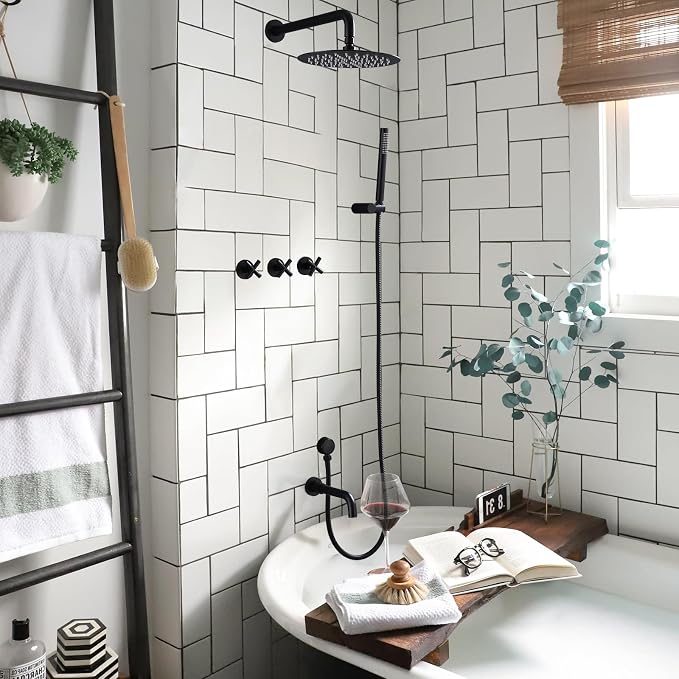 RBROHANT Matte Black Shower System with Tub Spout, Brass Bathtub Shower Faucet Set with 3 Way Rough-in Valve,10 Inch Round Shower Head Set with Tub Spout and Handheld, JK0300