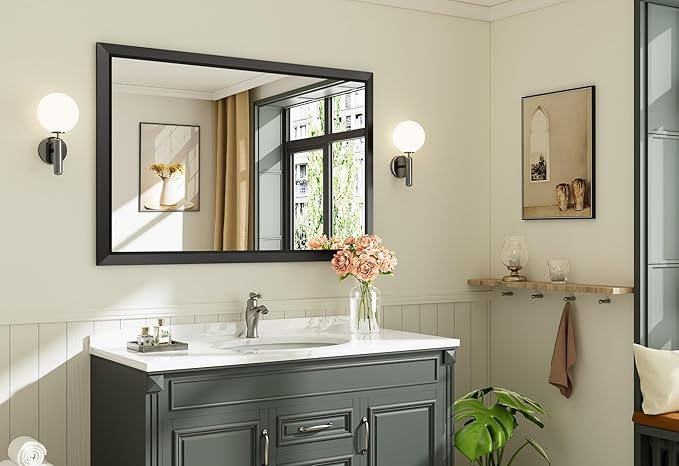 Black Metal Framed Bathroom Wall Mirror, 48x32 Inch | Anti-rust, HD tempered glass, for bathroom vanity, bedroom, living room, horizontal or vertical mount