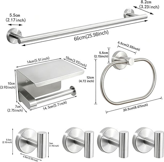 7-Piece Bathroom Hardware Accessories Set, SUS304 Towel Bar, Silver | 25.9-Inch Towel Rack, Oval Towel Ring, Toilet Paper Holder with Shelf & 4 Robe Towel Hooks, Wall-Mounted Towel Holder Set