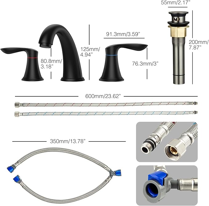 Bathroom Faucet, 8 Inch Bathroom Faucets for Sink 3 Hole, Widespread Brushed Nickel Bathroom Faucet with Pop up Drain and cUPC Lead-Free Hose (Matte Black)