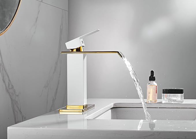 Bathroom Faucet Gold Spout Waterfall White Body Single Hole 1 Handle Bathroom Vanity Sink Faucet with Deck Plate and Pop Up Drain Stopper Overflow Brass Basin Mix Tap Deck Mount