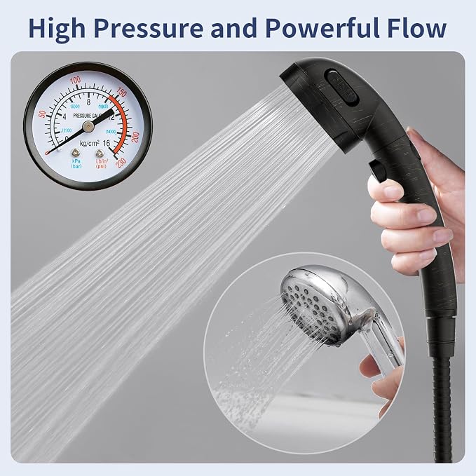 HANLIAN On/Off High Pressure Handheld Shower Head for RV Camper | 3 Spray Modes Shower Head with Pause Button, Water Saving Shower Head with Hose and Self-adhesive Holder(Oil-Rubbed Bronze)