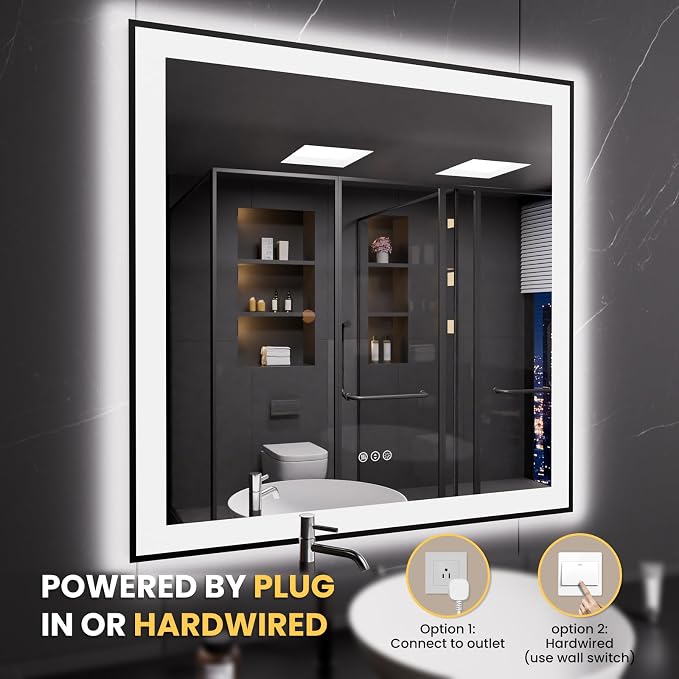 LOAAO 36"X36" LED Bathroom Mirror Black Framed | Anti-Fog, Dimmable, Memory Function, Tempered Glass, Lighted Vanity Mirror for Wall