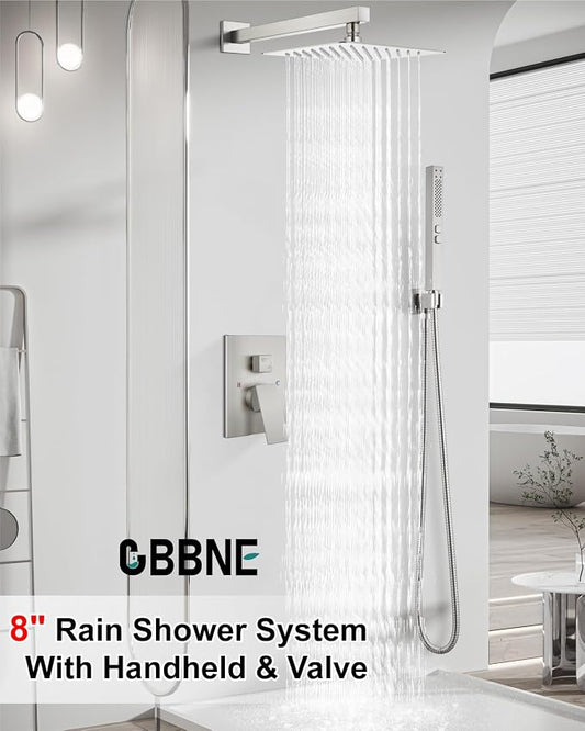 Shower Faucet Set 8-Inch Rain Shower System Brushed Nickel | Square SUS304 Shower Head, Dual-Mode Hand Spray, 59-Inch Hose and Brass Rough-In Valve for a Complete Wall-Mount Installation