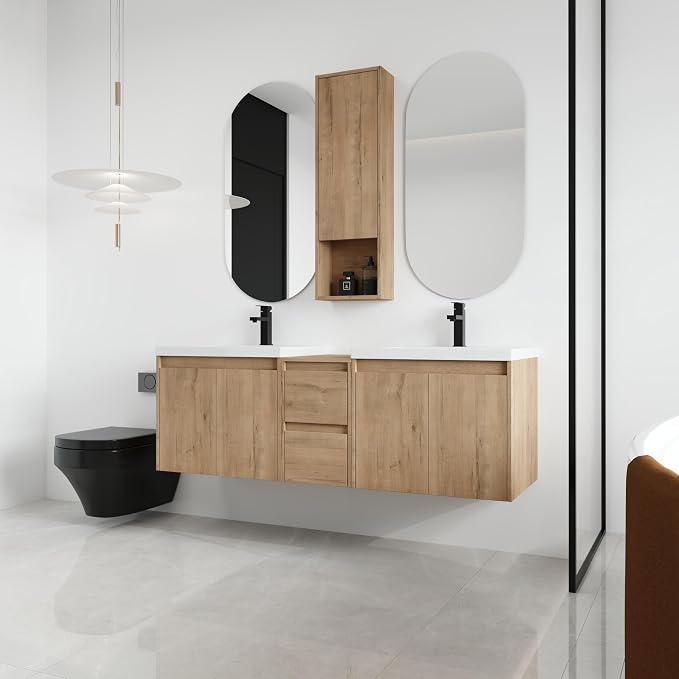60'' Floating Bathroom Vanity with Double Sink, and 1 Side Cabinet, Brown | Double Sink Combo with 12" Side Cabinet, Plywood Cabinet, Resin Basin, Ample Storage, Soft-close Hinge, Assembly Required