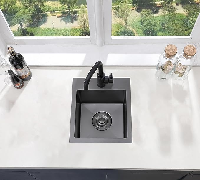 Comllen 15”x15” Black Drop In Bar Sink, Stainless Steel Small Kitchen Sink Single Bowl, Gunmetal Black Sinks for Outdoor Wet Bar Prep RV Yard Office Laundry Utility with Strainer Drain