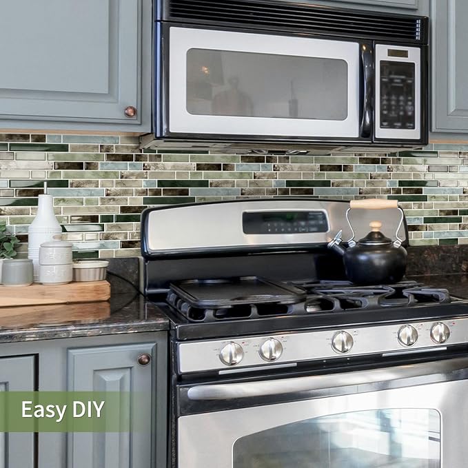 10 Sheets Thick Peel and Stick Kitchen Backsplash Tiles | 3D Waterproof Self Adhesive Wall Tile Stick on Backsplash for Kitchen,Bathroom and Fireplace(Mixed Green,12"×12")