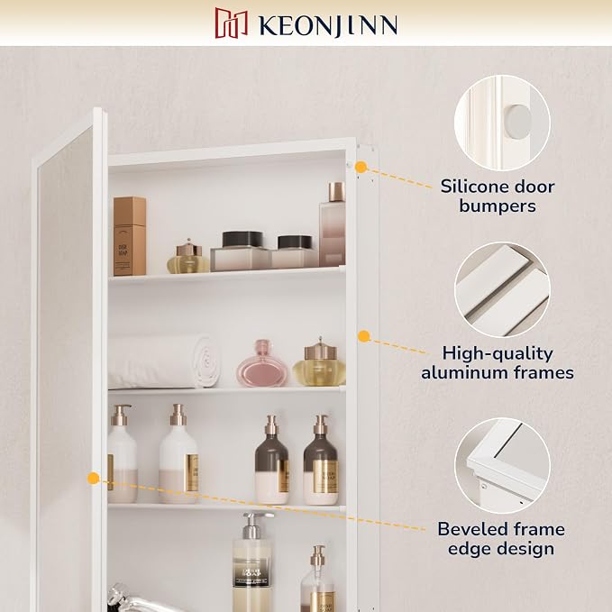 Keonjinn Large Medicine Cabinet Mirror 48 x 32, Black Beveled Frame, 3 Door | Assembly Required, Adjustable Shelves, Aluminum Cabinet, Tempered Glass, Surface Mount or Recessed, Ideal for Large Bathroom