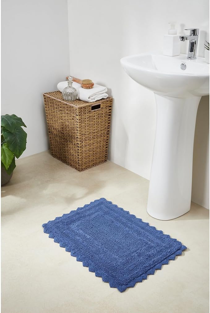 Better Trends Lilly Crochet 24x40 Reversible Bath Rugs and Bath mats for Bathroom, Luxurious 100% Cotton Bath Rug & Water Absorbent Bathroom Mat - Blue Bath Matt